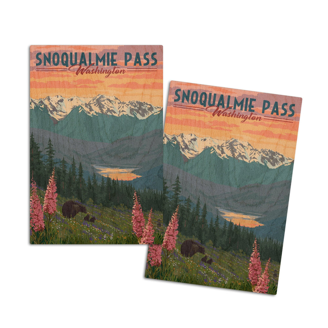 Snoqualmie Pass, Washington, Bear & Spring Flowers, Lantern Press Artwork, Wood Signs and Postcards Wood Lantern Press 4x6 Wood Postcard Set 