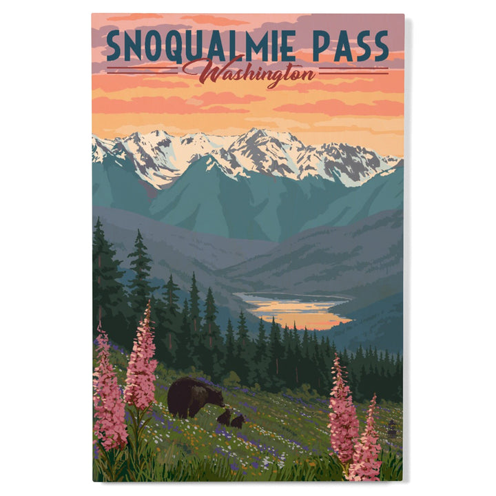 Snoqualmie Pass, Washington, Bear & Spring Flowers, Lantern Press Artwork, Wood Signs and Postcards Wood Lantern Press 