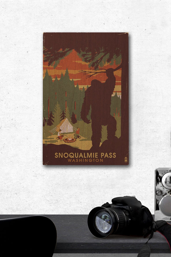 Snoqualmie Pass, Washington, Home of Bigfoot, Lantern Press Artwork, Wood Signs and Postcards Wood Lantern Press 12 x 18 Wood Gallery Print 