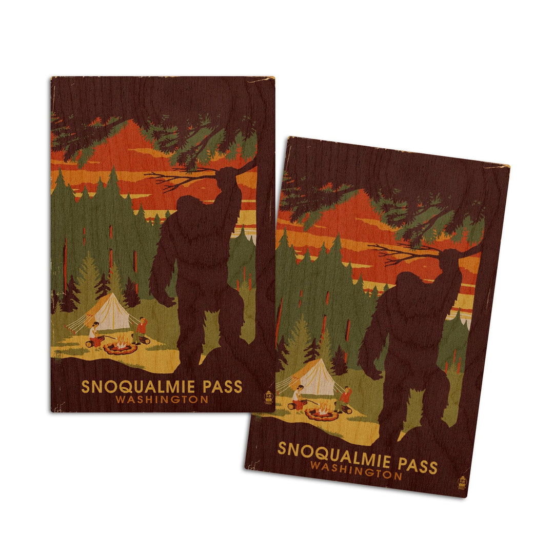 Snoqualmie Pass, Washington, Home of Bigfoot, Lantern Press Artwork, Wood Signs and Postcards Wood Lantern Press 4x6 Wood Postcard Set 
