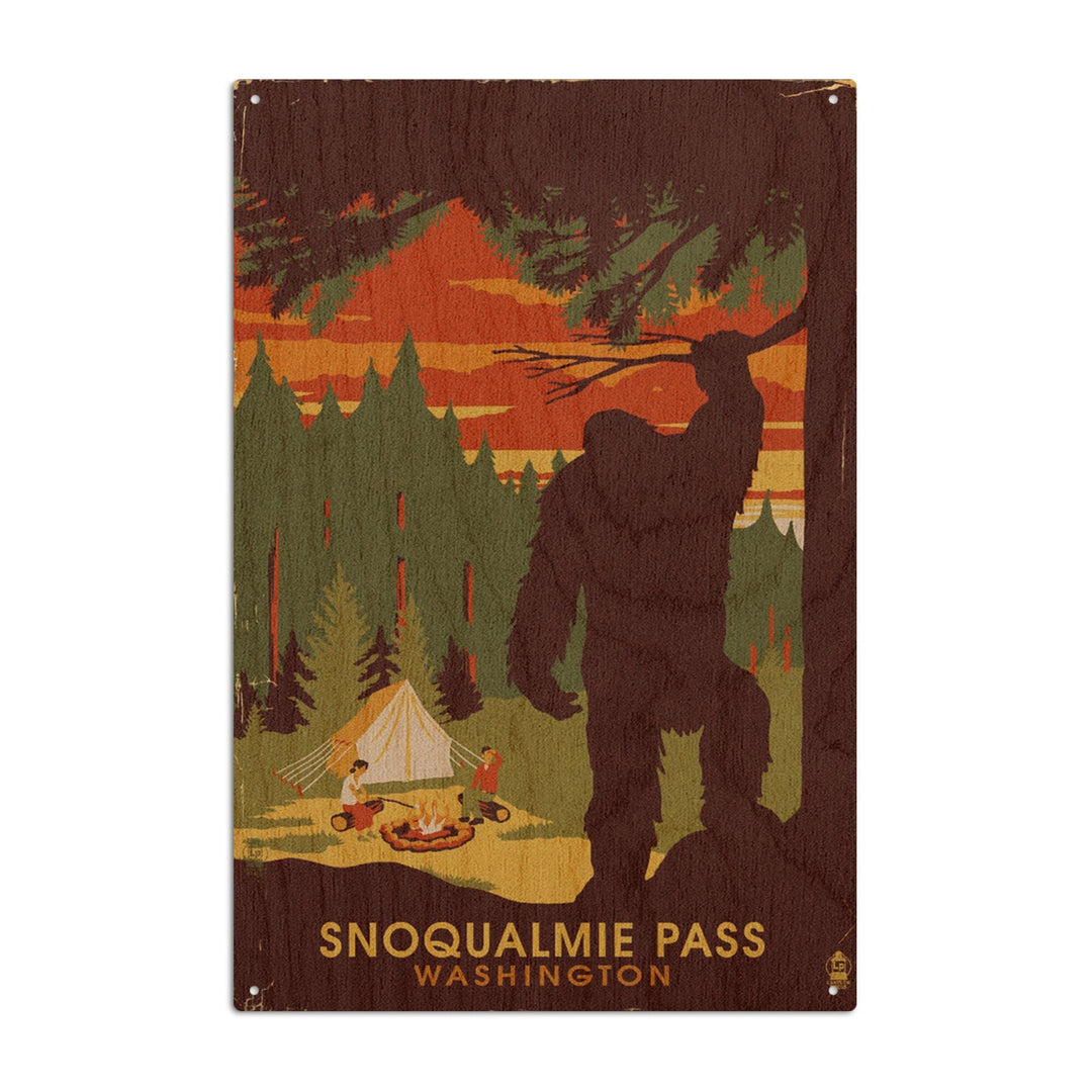Snoqualmie Pass, Washington, Home of Bigfoot, Lantern Press Artwork, Wood Signs and Postcards Wood Lantern Press 6x9 Wood Sign 
