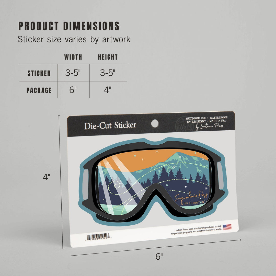 Snoqualmie Pass, Washington, Ski Goggles, Contour, Vinyl Sticker Sticker Lantern Press 