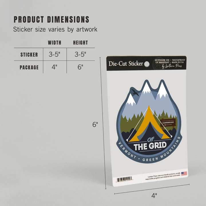 Snow Mountain, Vermont, Discover, Off the Grid, Tent, Contour, Vinyl Sticker Sticker Lantern Press 