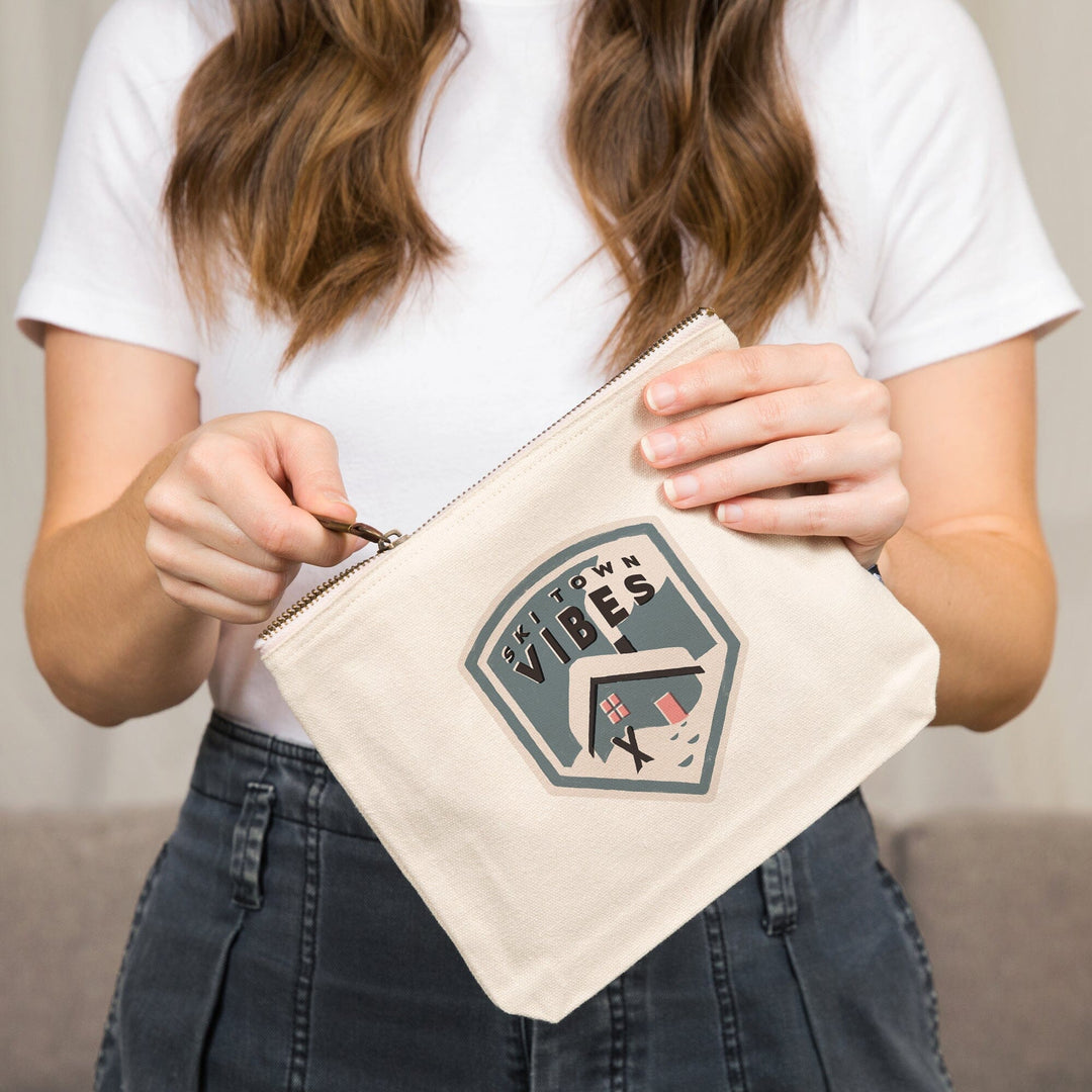 Snow Patrol Series, Ski Town Vibes,, Organic Cotton Zipper Pouch, Go Bag Totes Lantern Press 