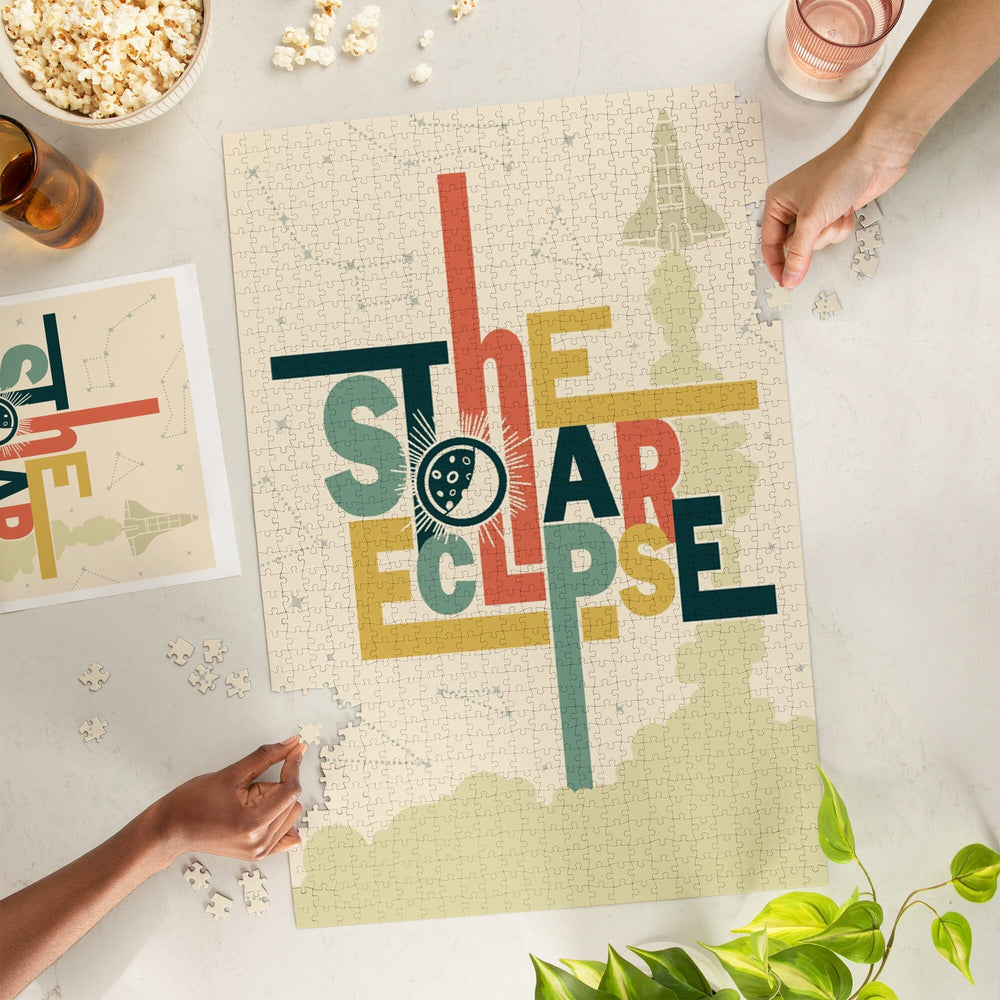 Solar Eclipse, Typography with Stars, Jigsaw Puzzle Puzzle Lantern Press 