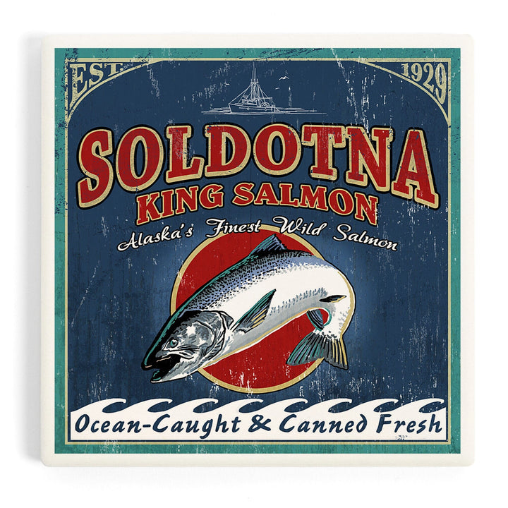 Soldotna, Alaska, Salmon Vintage Sign, Coasters Coasters Lantern Press 