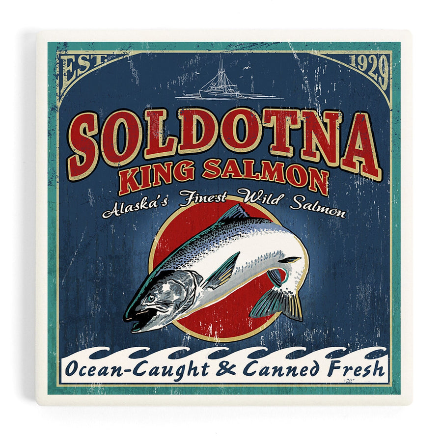 Soldotna, Alaska, Salmon Vintage Sign, Coasters Coasters Lantern Press 
