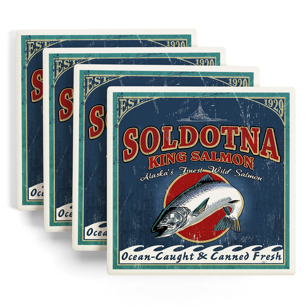 Soldotna, Alaska, Salmon Vintage Sign, Coasters Coasters Lantern Press 