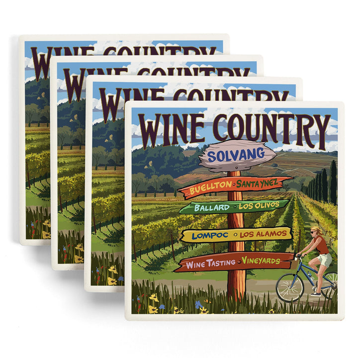 Solvang, California, Destination Signpost, Lantern Press Artwork, Coaster Set Coasters Lantern Press 