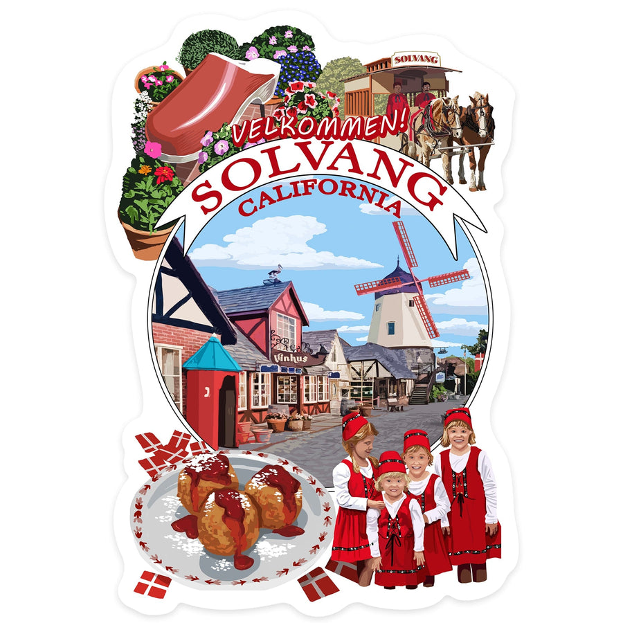 Solvang, California, Montage, Contour, Vinyl Sticker Sticker Lantern Press 