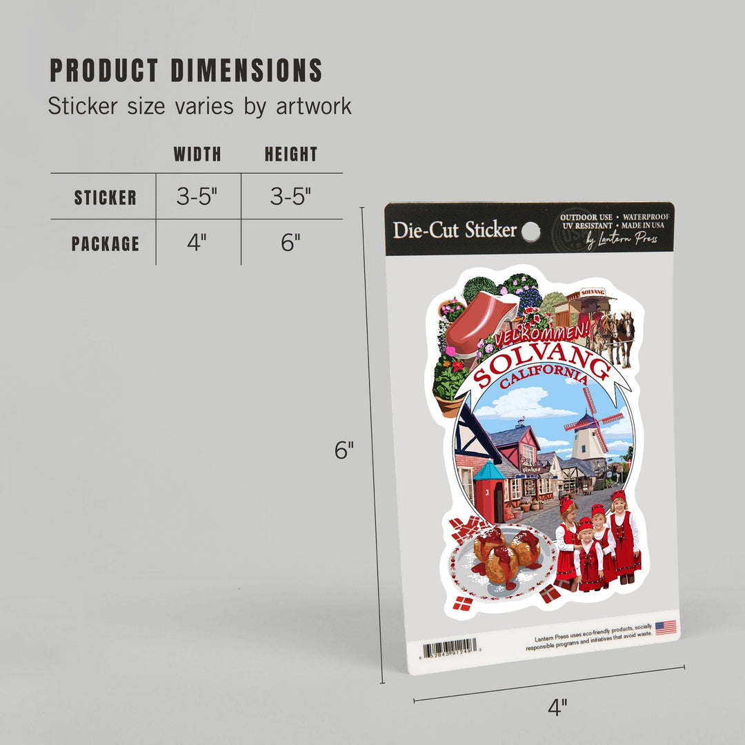 Solvang, California, Montage, Contour, Vinyl Sticker Sticker Lantern Press 