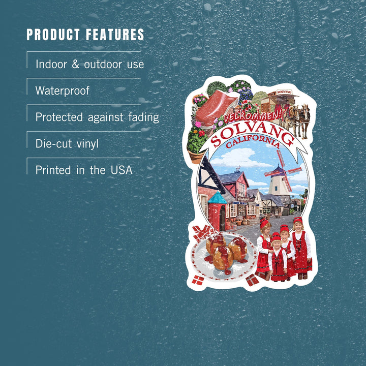 Solvang, California, Montage, Contour, Vinyl Sticker Sticker Lantern Press 