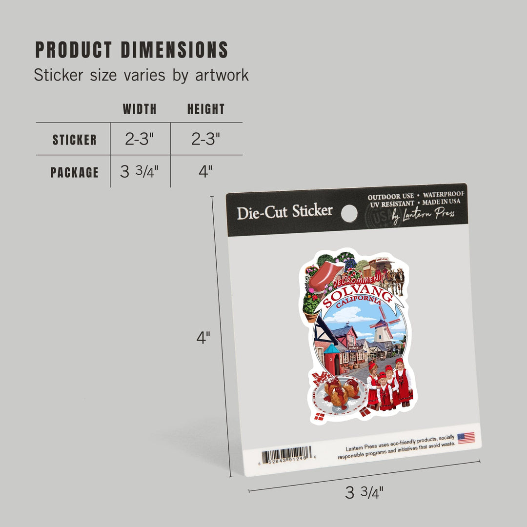Solvang, California, Montage, Contour, Vinyl Sticker Sticker Lantern Press 