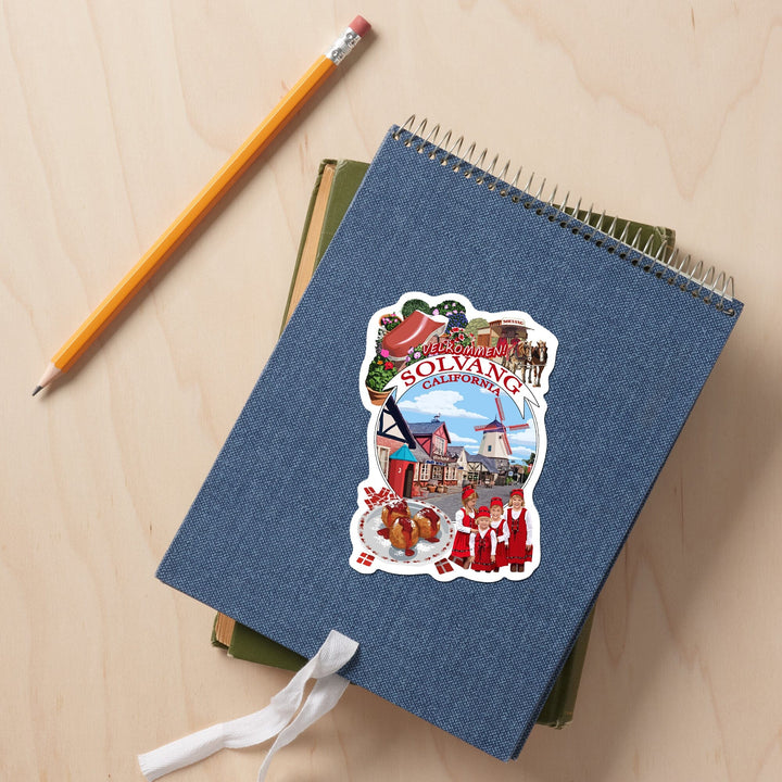 Solvang, California, Montage, Contour, Vinyl Sticker Sticker Lantern Press 