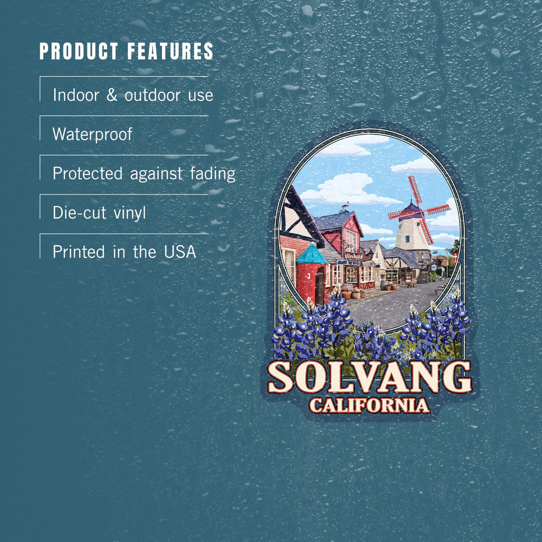 Solvang, California, Montage with Flowers, Contour, Lantern Press Artwork, Vinyl Sticker Sticker Lantern Press 