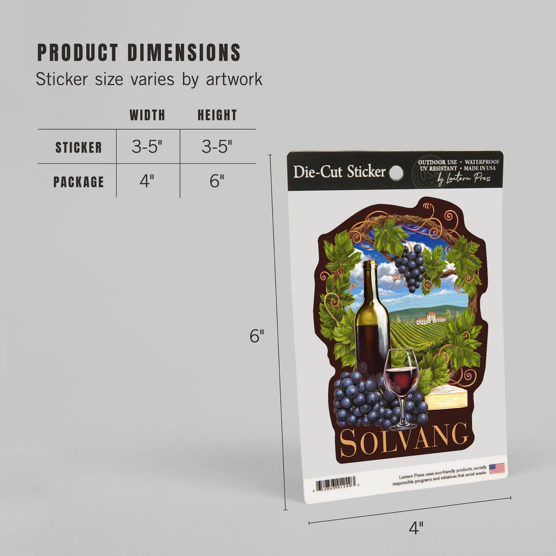 Solvang, California, Pinot Noir Vineyard Scene, Contour, Vinyl Sticker Sticker Lantern Press 