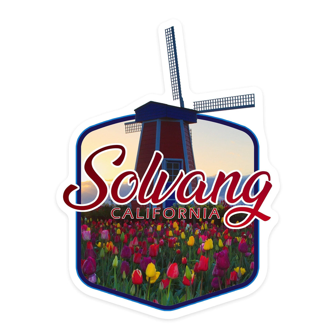 Solvang, California, Tulip Field and Windmill, Contour, Vinyl Sticker Sticker Lantern Press 