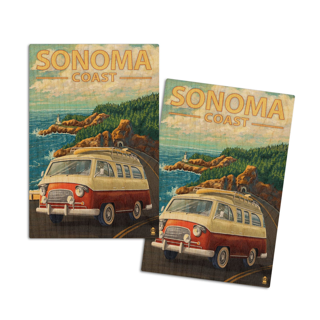 Sonoma Coast, California, Camper Van, Lantern Press Artwork, Wood Signs and Postcards Wood Lantern Press 4x6 Wood Postcard Set 