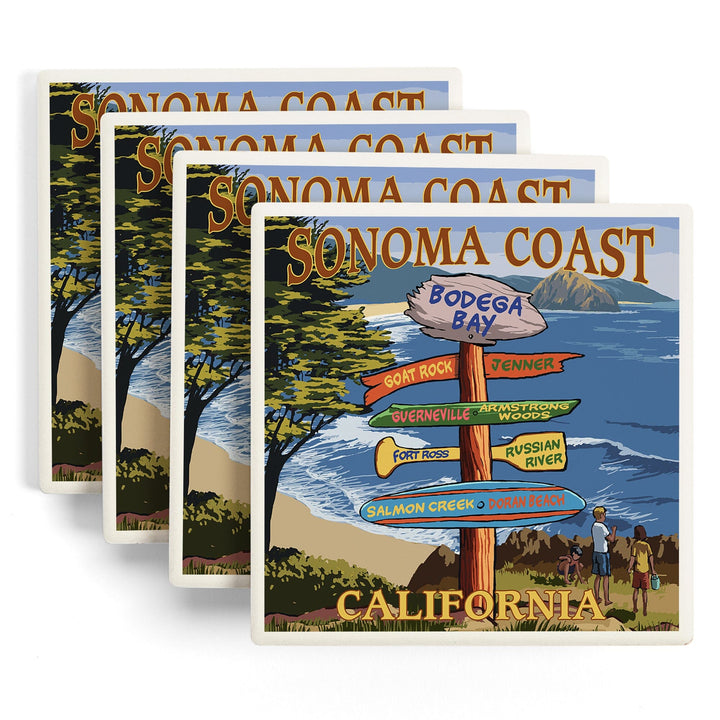 Sonoma Coast, California, Destination Signpost, Lantern Press Artwork, Coaster Set Coasters Lantern Press 