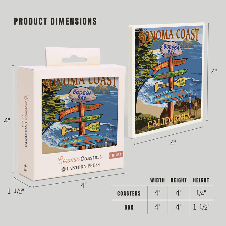 Sonoma Coast, California, Destination Signpost, Lantern Press Artwork, Coaster Set Coasters Lantern Press 