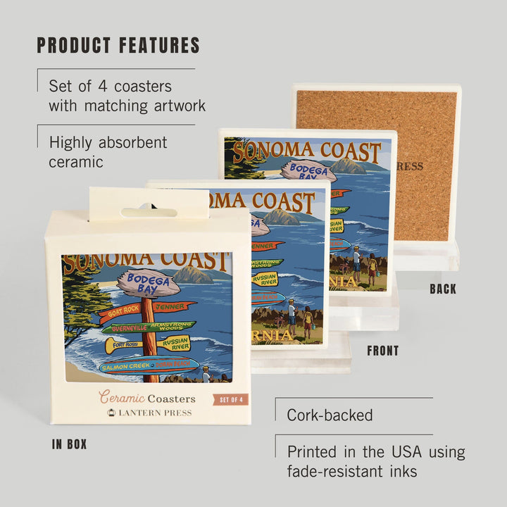 Sonoma Coast, California, Destination Signpost, Lantern Press Artwork, Coaster Set Coasters Lantern Press 