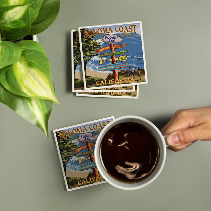 Sonoma Coast, California, Destination Signpost, Lantern Press Artwork, Coaster Set Coasters Lantern Press 