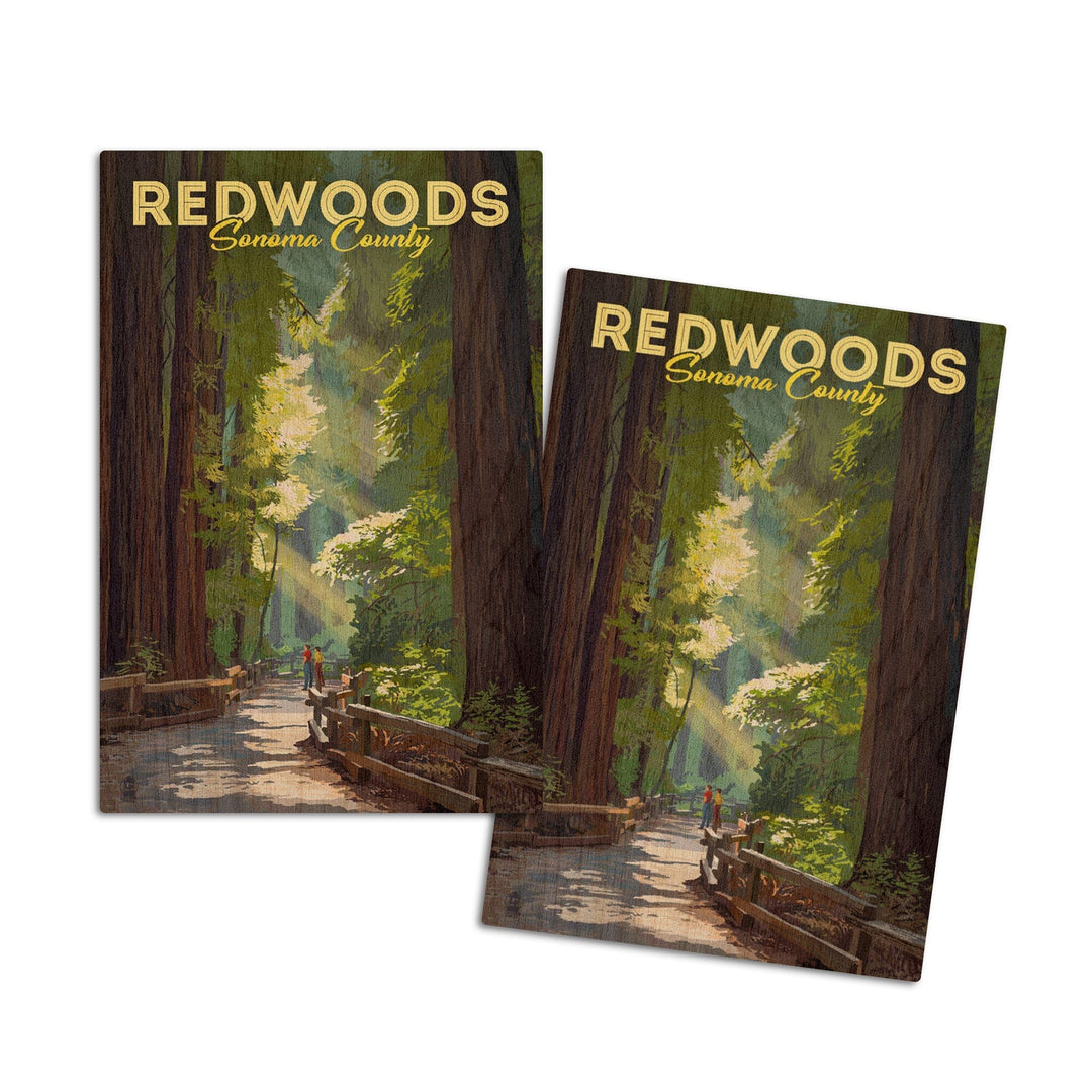 Sonoma County, California, Redwoods, Pathway in Trees, Lantern Press Artwork, Wood Signs and Postcards Wood Lantern Press 4x6 Wood Postcard Set 