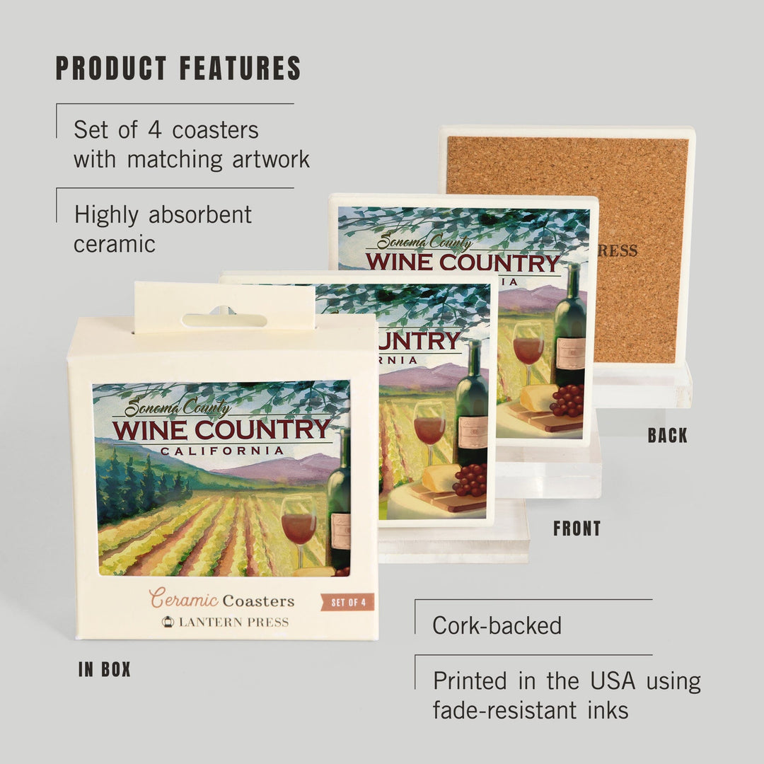 Sonoma County Wine Country, California, Lantern Press Artwork, Coaster Set Coasters Lantern Press 