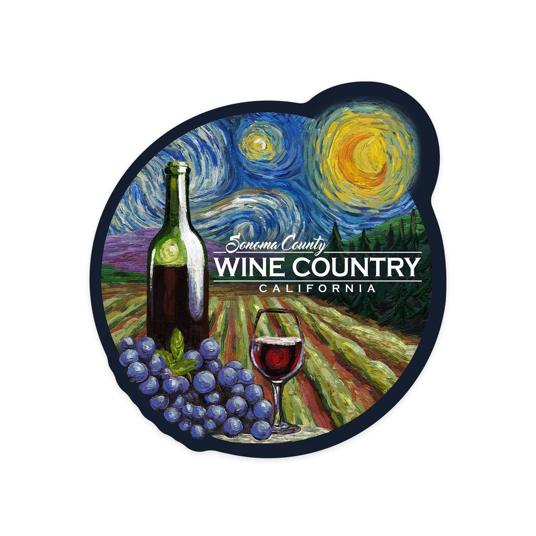 Sonoma County Wine Country, California, Vineyard, Starry Night, Contour, Vinyl Sticker Sticker Lantern Press 