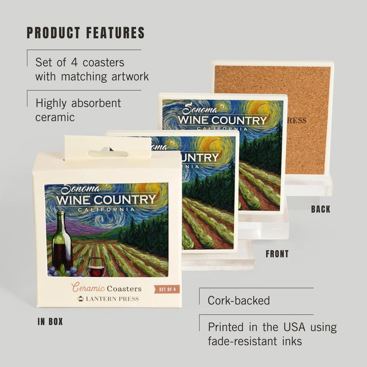 Sonoma Wine Country, California, Vineyard, Starry Night, Lantern Press Artwork, Coaster Set Coasters Lantern Press 