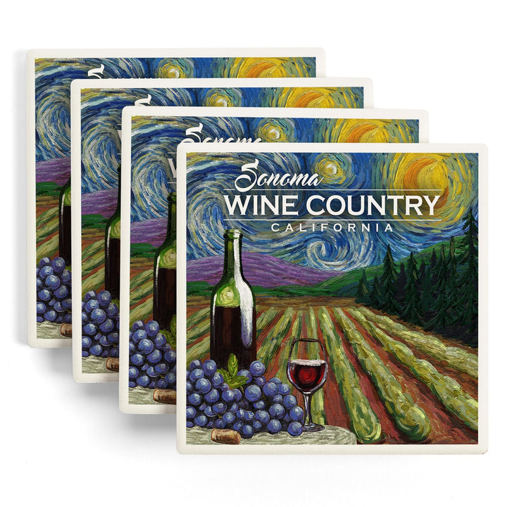 Sonoma Wine Country, California, Vineyard, Starry Night, Lantern Press Artwork, Coaster Set Coasters Lantern Press 