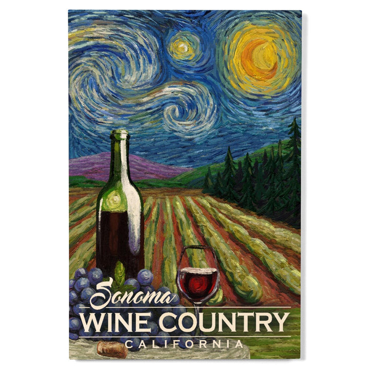 Sonoma Wine Country, California, Vineyard, Starry Night, Lantern Press Artwork, Wood Signs and Postcards Wood Lantern Press 
