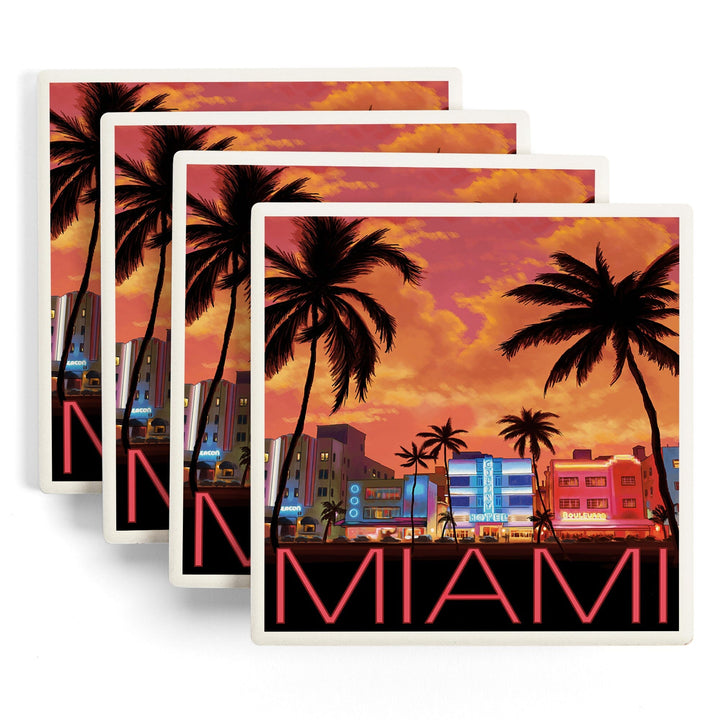 South Beach Miami, Florida, Lantern Press Artwork, Coaster Set Coasters Lantern Press 