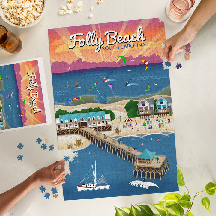 South Carolina, Folly Beach, Retro Style, Jigsaw Puzzle Puzzle Lantern Press 
