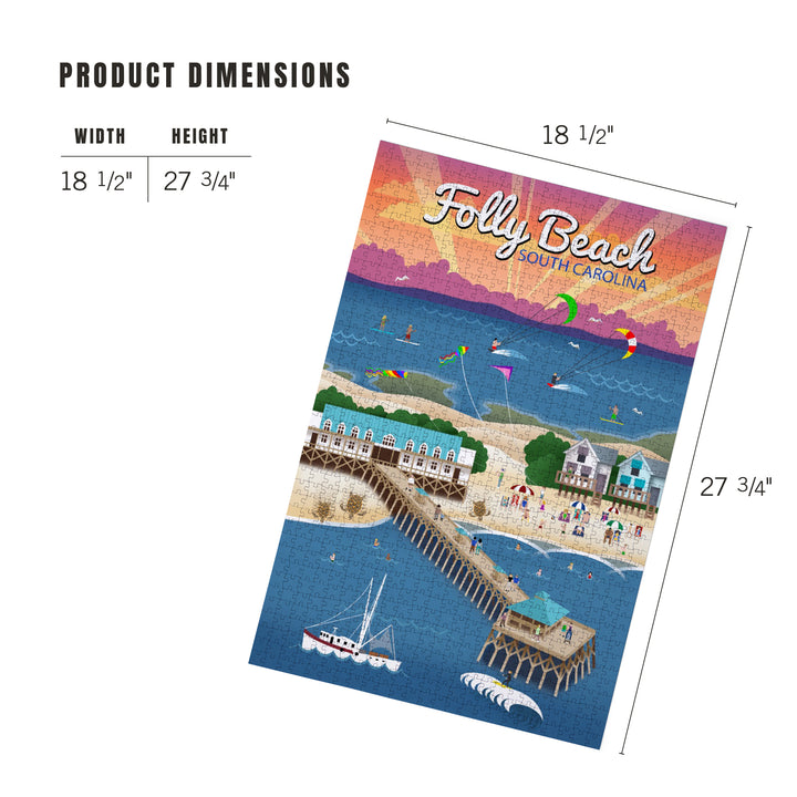 South Carolina, Folly Beach, Retro Style, Jigsaw Puzzle Puzzle Lantern Press 