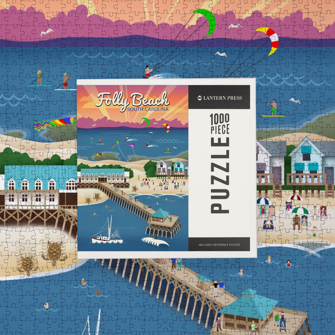 South Carolina, Folly Beach, Retro Style, Jigsaw Puzzle Puzzle Lantern Press 