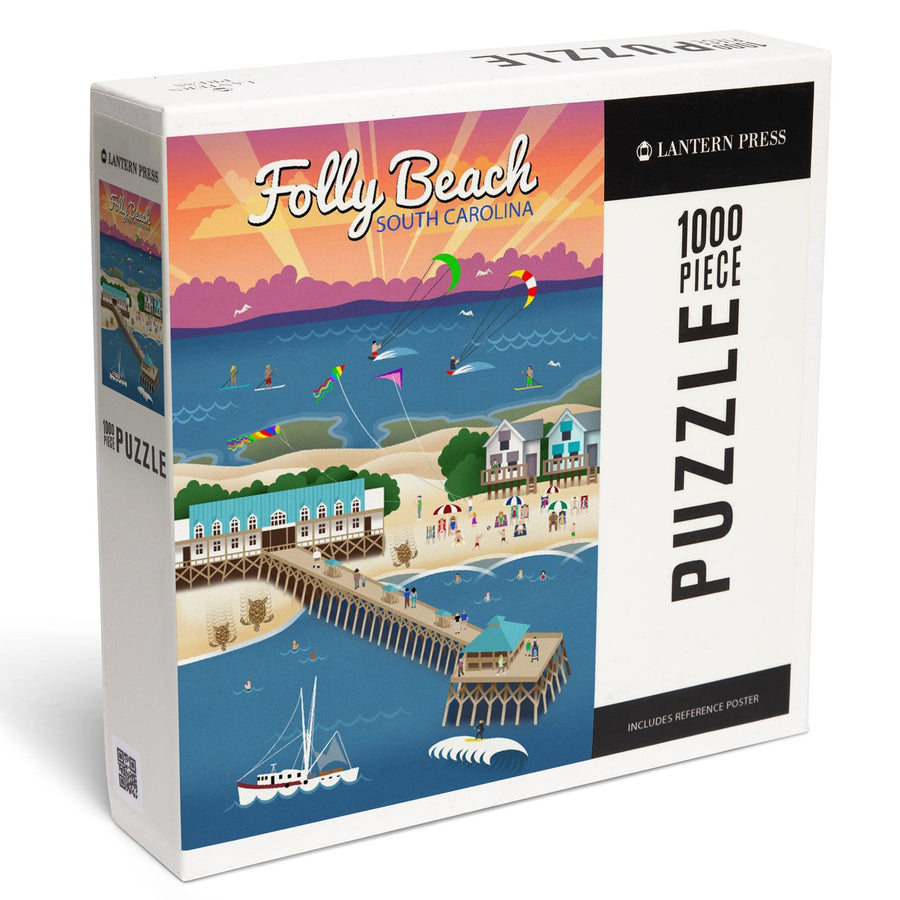 South Carolina, Folly Beach, Retro Style, Jigsaw Puzzle Puzzle Lantern Press 