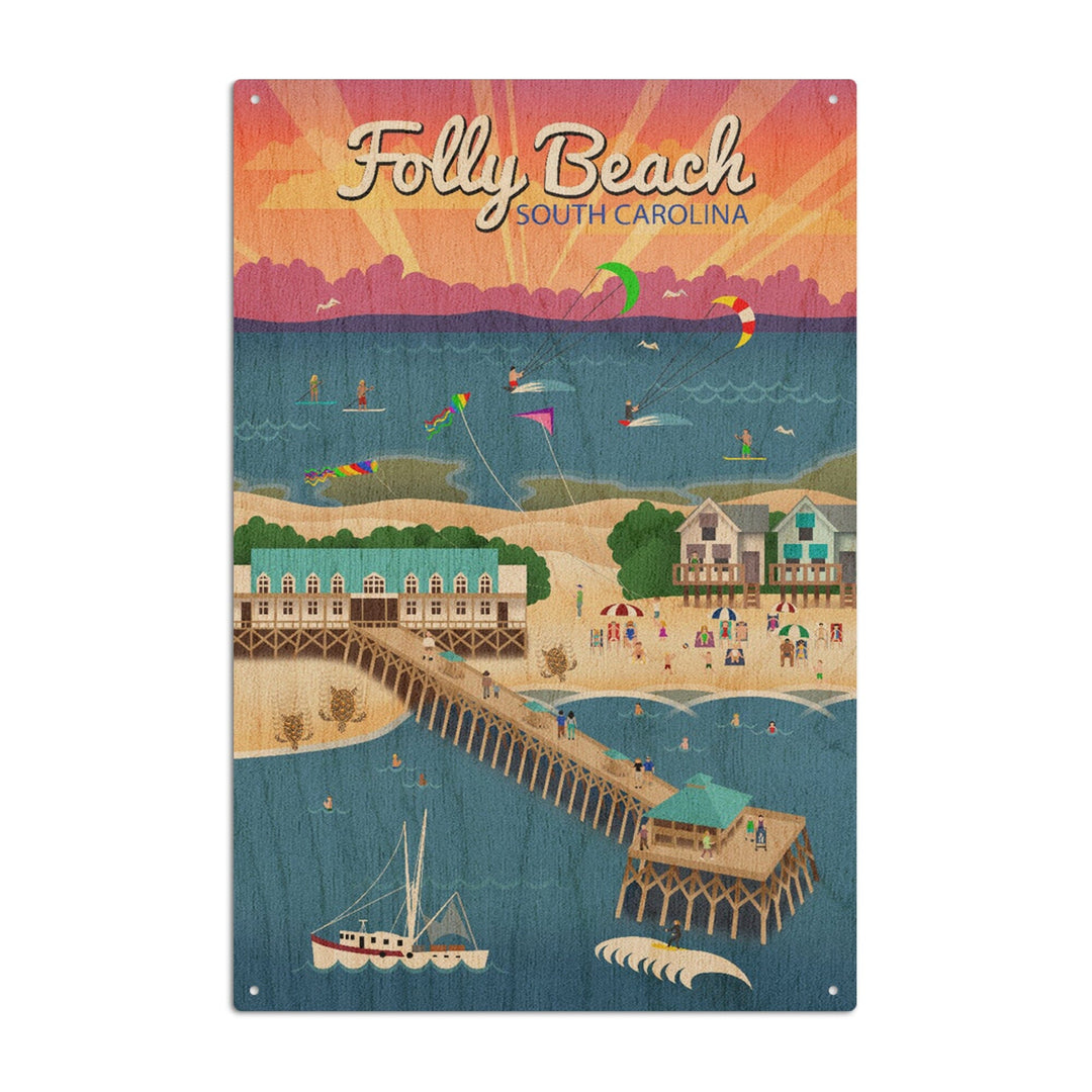 South Carolina, Folly Beach, Retro Style, Lantern Press Artwork, Wood Signs and Postcards Wood Lantern Press 10 x 15 Wood Sign 