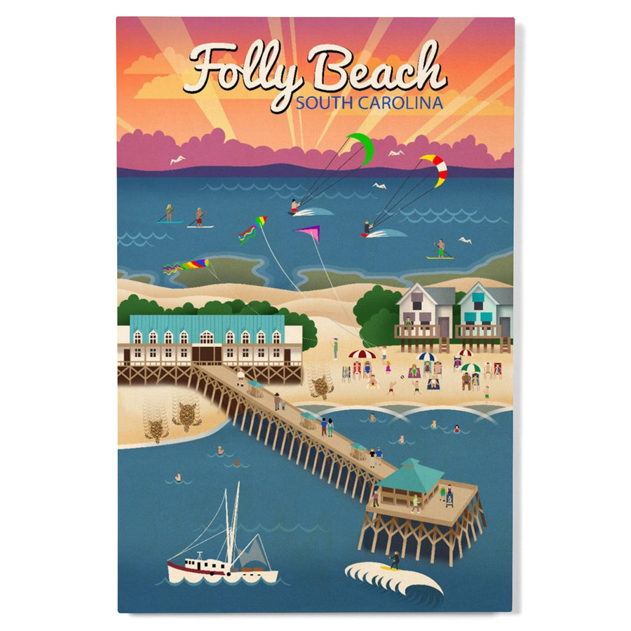 South Carolina, Folly Beach, Retro Style, Lantern Press Artwork, Wood Signs and Postcards Wood Lantern Press 