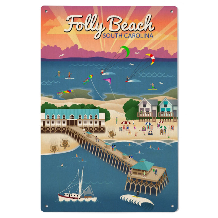 South Carolina, Folly Beach, Retro Style, Lantern Press Artwork, Wood Signs and Postcards Wood Lantern Press 