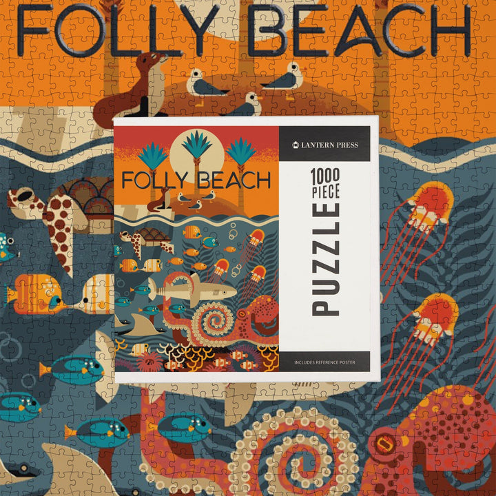 South Carolina, Folly Beach, Textured Geometric, Jigsaw Puzzle Puzzle Lantern Press 
