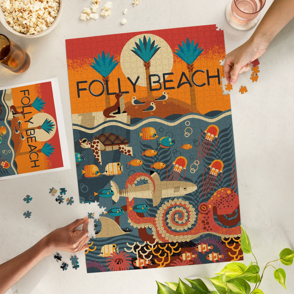 South Carolina, Folly Beach, Textured Geometric, Jigsaw Puzzle Puzzle Lantern Press 