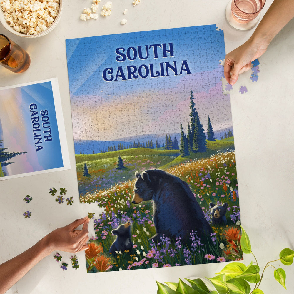 South Carolina, Lithograph, Bear Family in Field, Jigsaw Puzzle Puzzle Lantern Press 