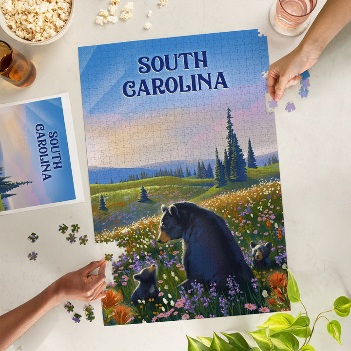 South Carolina, Lithograph, Bear Family in Field, Jigsaw Puzzle Puzzle Lantern Press 