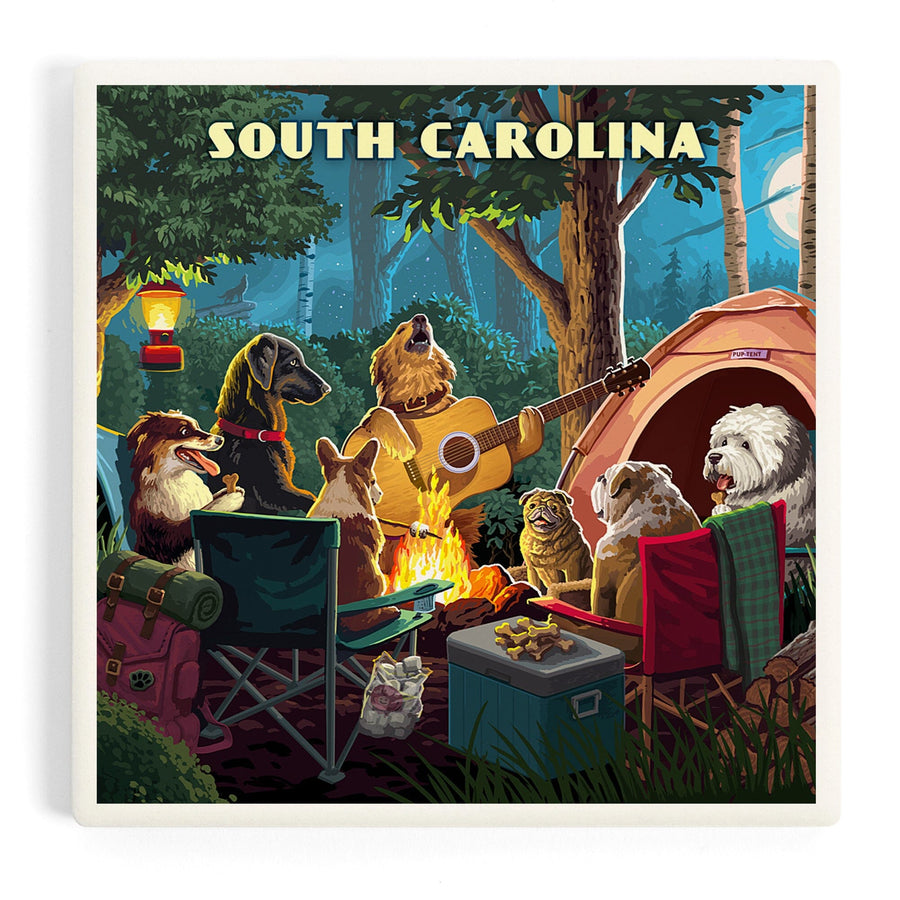 South Carolina, Painterly, Pack Life, Dogs Around Campfire, Coasters Coasters Lantern Press 