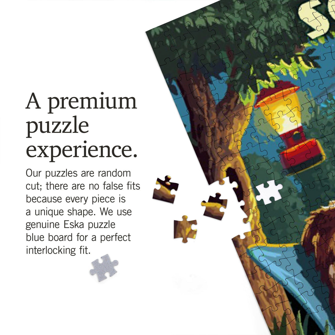 South Carolina, Painterly, Pack Life, Dogs Around Campfire, Jigsaw Puzzle Puzzle Lantern Press 