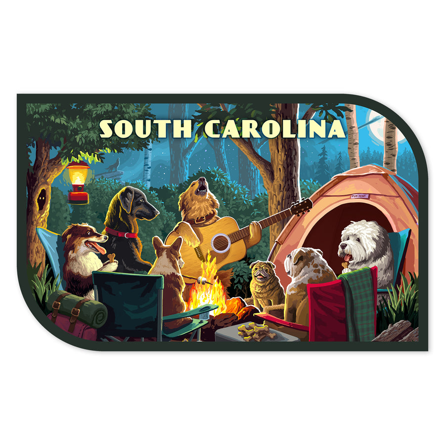 South Carolina, Painterly, Pack Life, Dogs Around Campfire, Vinyl Sticker Sticker Lantern Press 