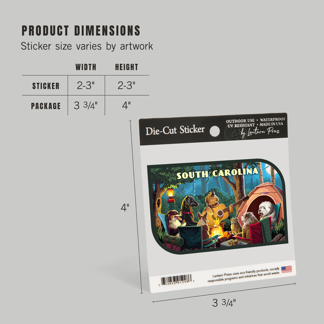 South Carolina, Painterly, Pack Life, Dogs Around Campfire, Vinyl Sticker Sticker Lantern Press 