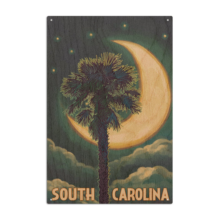 South Carolina, Palmetto Moon & Palm, Lantern Press Artwork, Wood Signs and Postcards Wood Lantern Press 10 x 15 Wood Sign 
