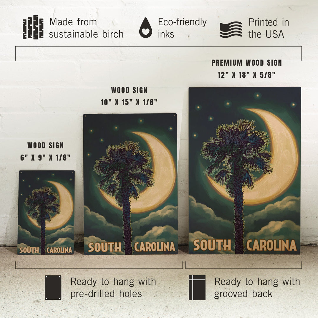 South Carolina, Palmetto Moon & Palm, Lantern Press Artwork, Wood Signs and Postcards Wood Lantern Press 